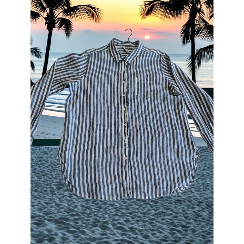 L.L. Bean Premium Linen Tunic Size Large | Blue White Stripe Coastal Prep